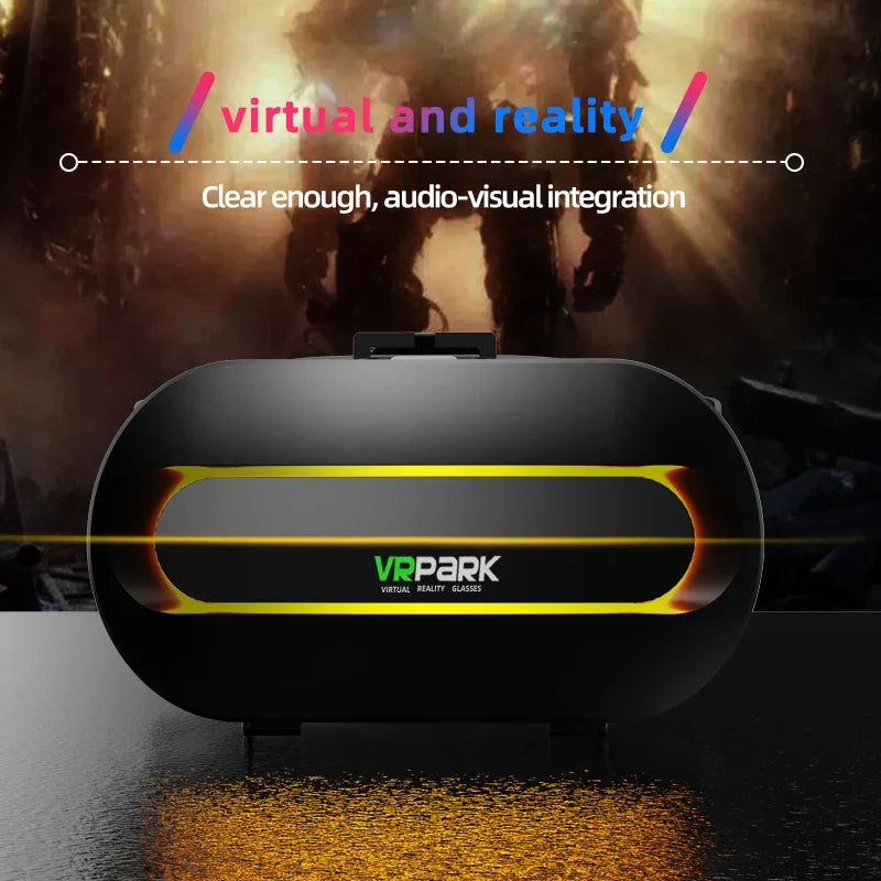 VR headset with 'VR PARK' branding on a dark background with text about virtual and reality integration.
